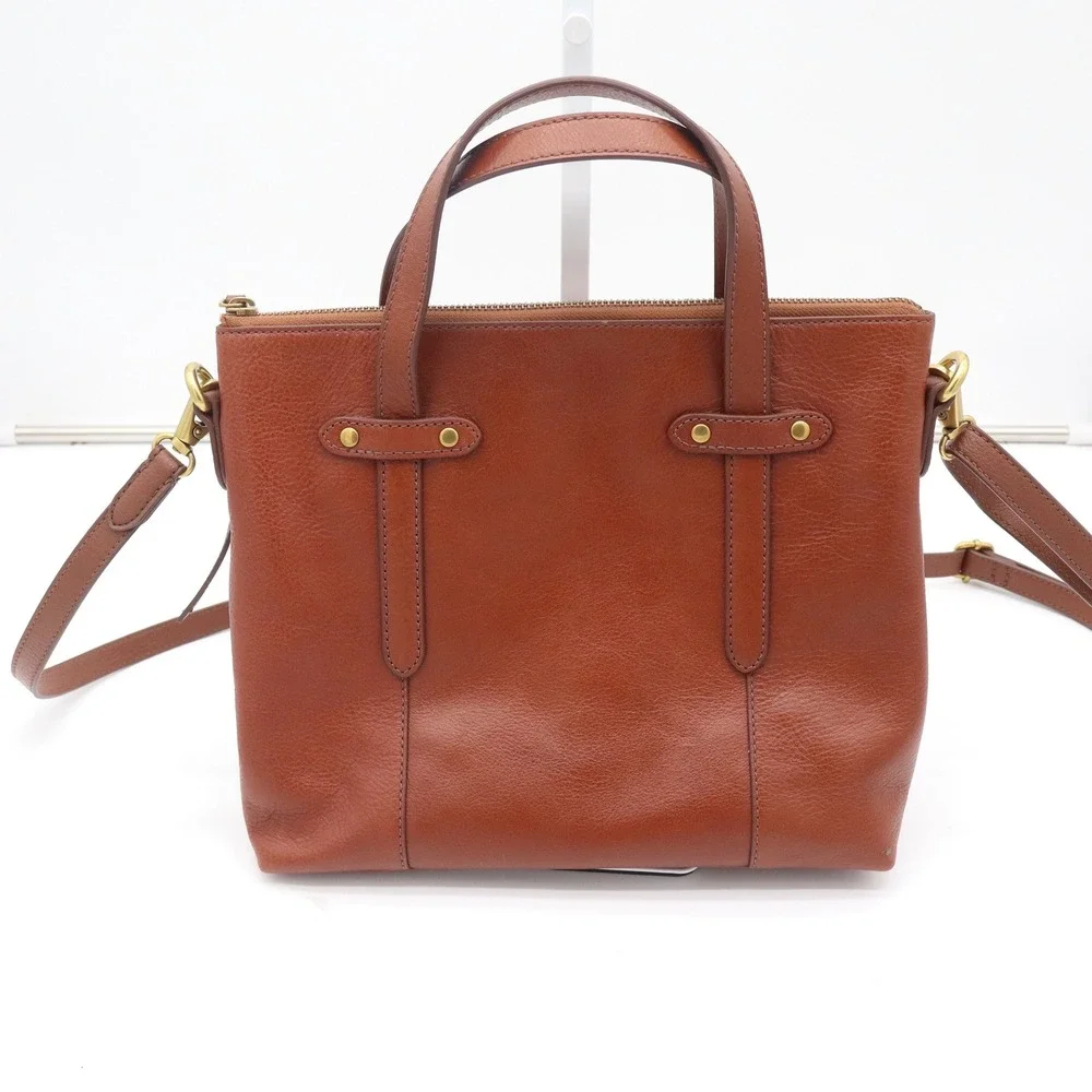 Fossil Felicity Satchel Cognac Brown Leather Crossbody Handbag Gold Hardware